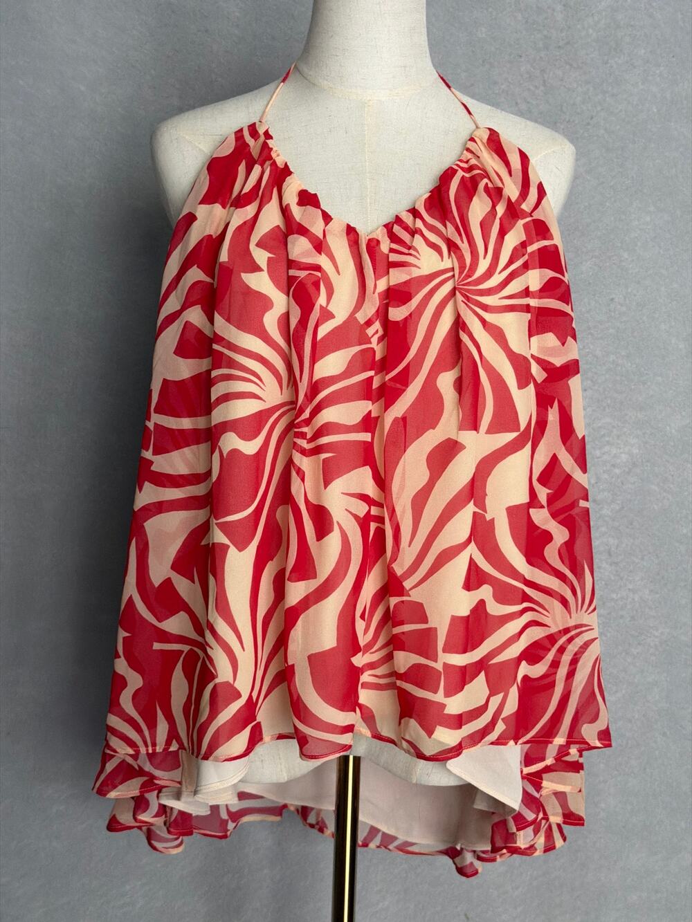 Parker Pleated Chiffon Halter Top Open Back in Ibiza Red Women's Large NEW